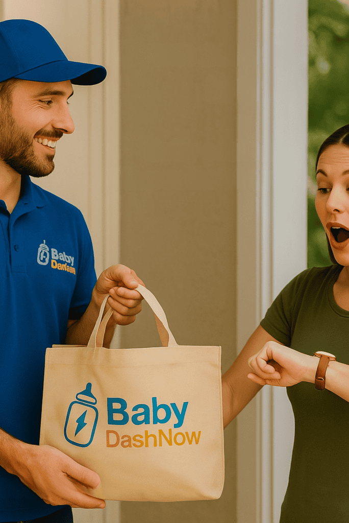 Quick delivery of baby essentials in Stamford, provided by BabyDashNow™. Friendly delivery person hands over a colorful tote bag to a happy customer at her door.