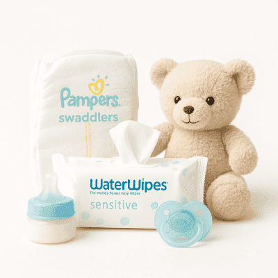 Pampers Swaddlers diapers, WaterWipes sensitive wipes, baby bottle, and teddy bear on white background.