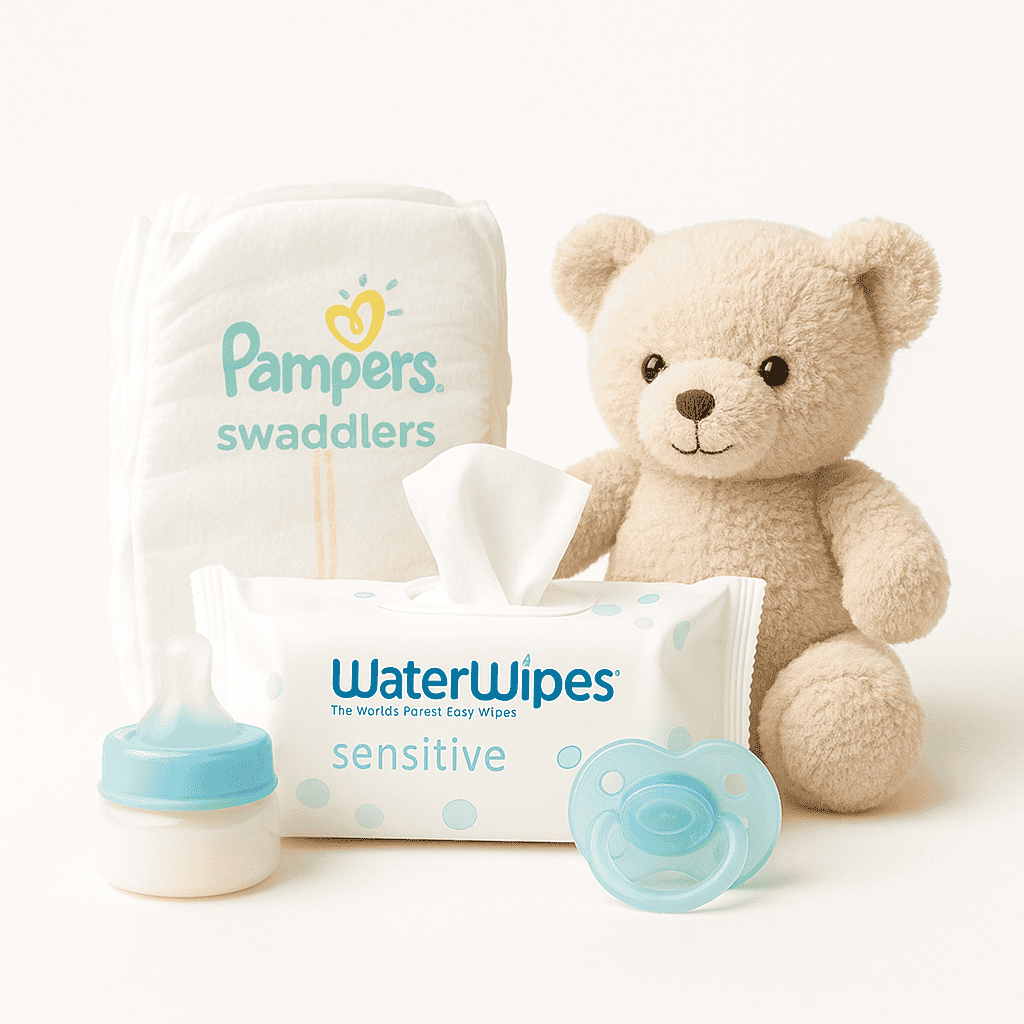 Pampers Swaddlers diapers, WaterWipes sensitive wipes, baby bottle, and teddy bear on white background.