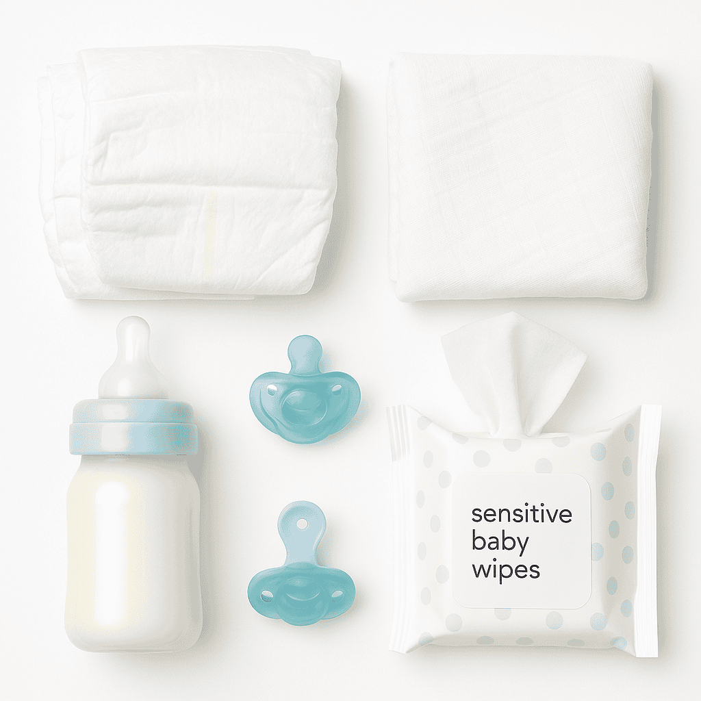 Baby essentials including diapers, wipes, bottles, pacifiers, and cloths for new parents and babies in Stamford.
