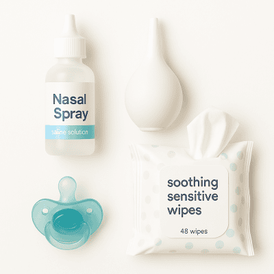 Nasal spray, saline solution, soothing sensitive wipes, nasal bulb syringe, and nasal mist device for baby care.