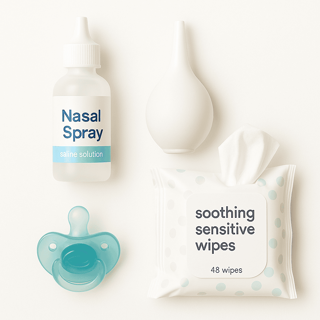 Nasal spray, saline solution, soothing sensitive wipes, nasal bulb syringe, and nasal mist device for baby care.