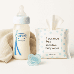 Bottle of baby formula, box of fragrance-free sensitive baby wipes, baby pacifier, infant feeding essentials, Stamford delivery service for baby care products, BabyDashNow™.