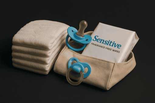 Soft baby wipes, pacifiers, and pacifier clips arranged on a dark background, highlighting baby care essentials for new parents.