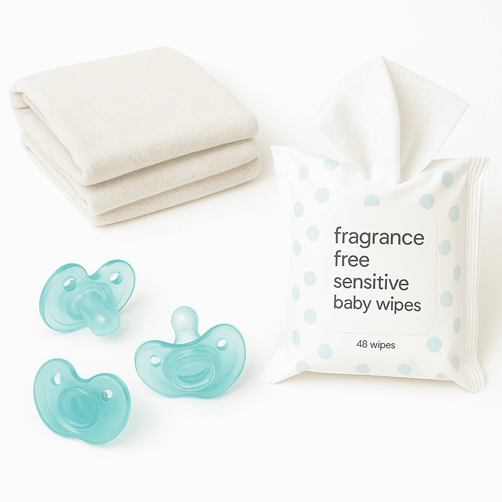 Pacifier, baby wipes, and folded cloths on a white background.