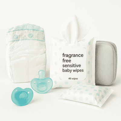 Newborn baby essentials including diapers, baby wipes, pacifiers, and a storage kit, available for quick delivery in Stamford through BabyDashNow™.