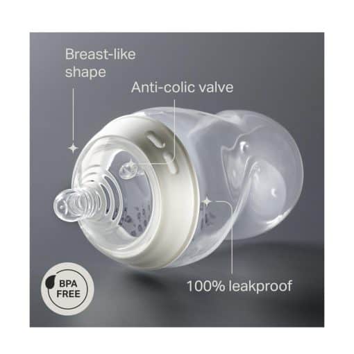 BPA-free baby bottle with anti-colic valve and breast-like shape, designed for leakproof feeding. Ideal for comfortable and safe feeding for infants.