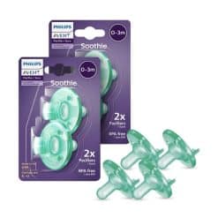 Silicone baby pacifiers in mint green, suitable for infants aged 0-3 months, BPA-free, packaged in a set of two.
