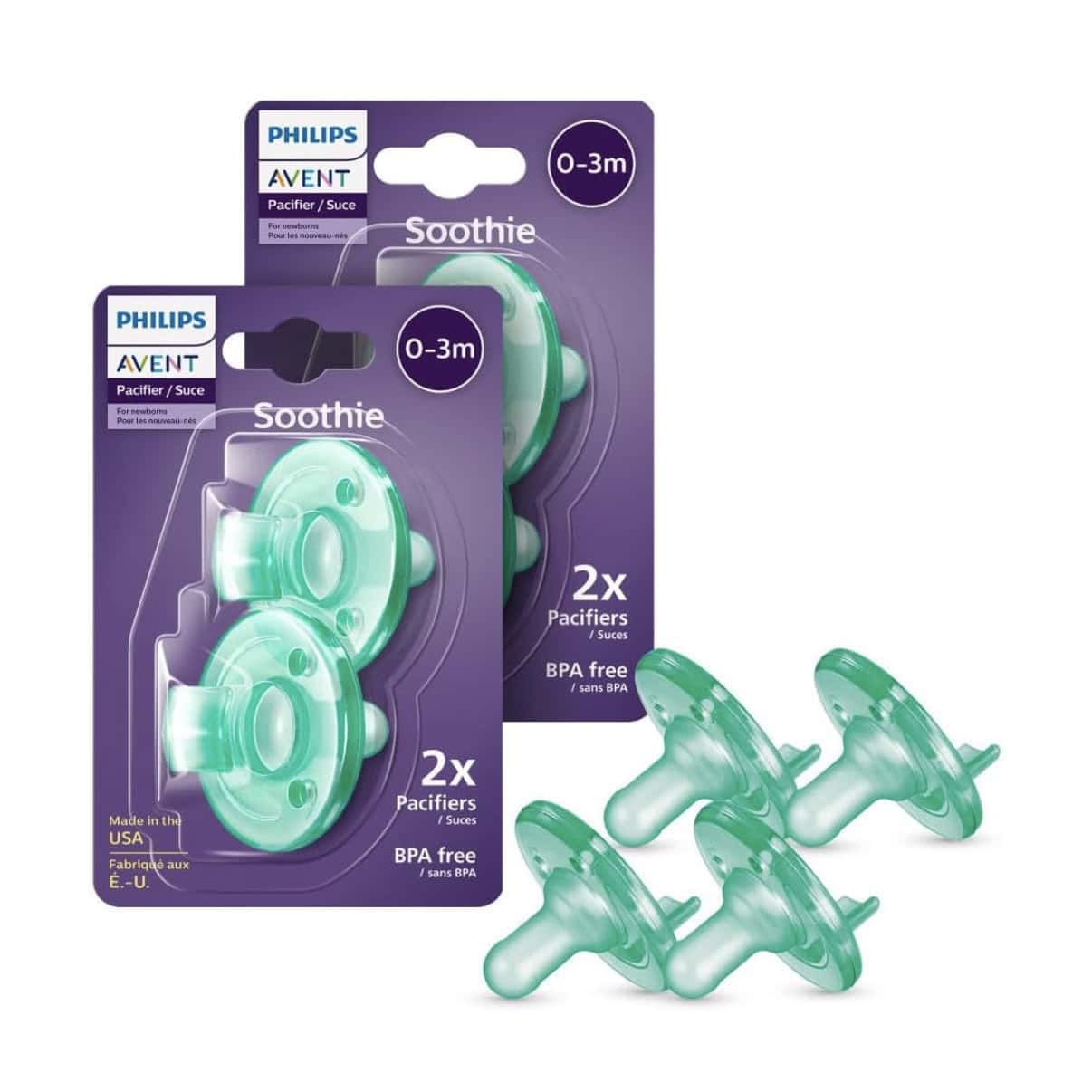 Silicone baby pacifiers in mint green, suitable for infants aged 0-3 months, BPA-free, packaged in a set of two.
