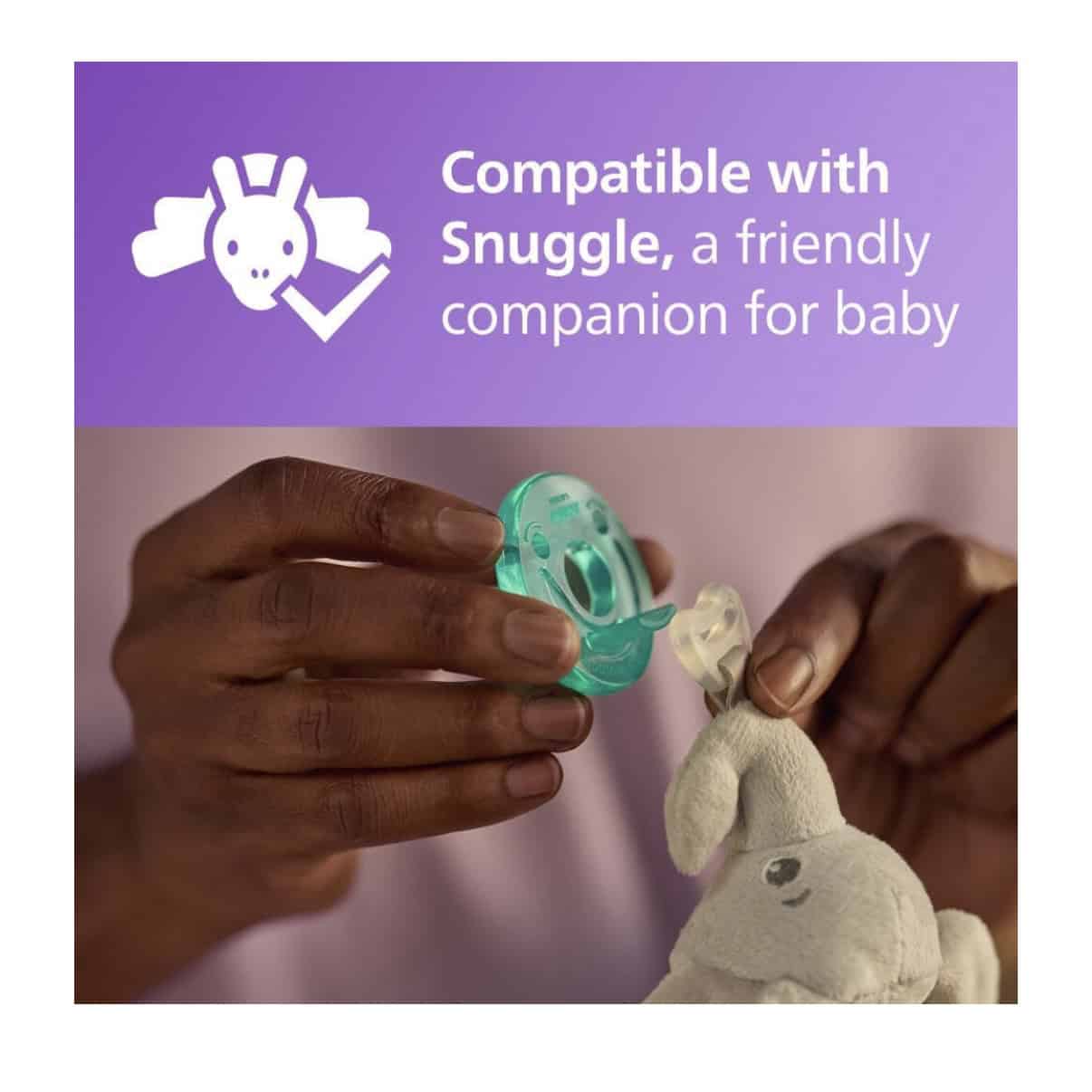 Pacifier with Snuggle toy for baby, showing compatibility with Snuggle for safe, gentle soothing.