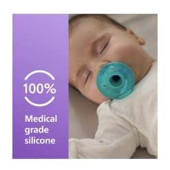Silicone baby pacifier with a 100% medical grade silicone label for safe, gentle comfort for infants.