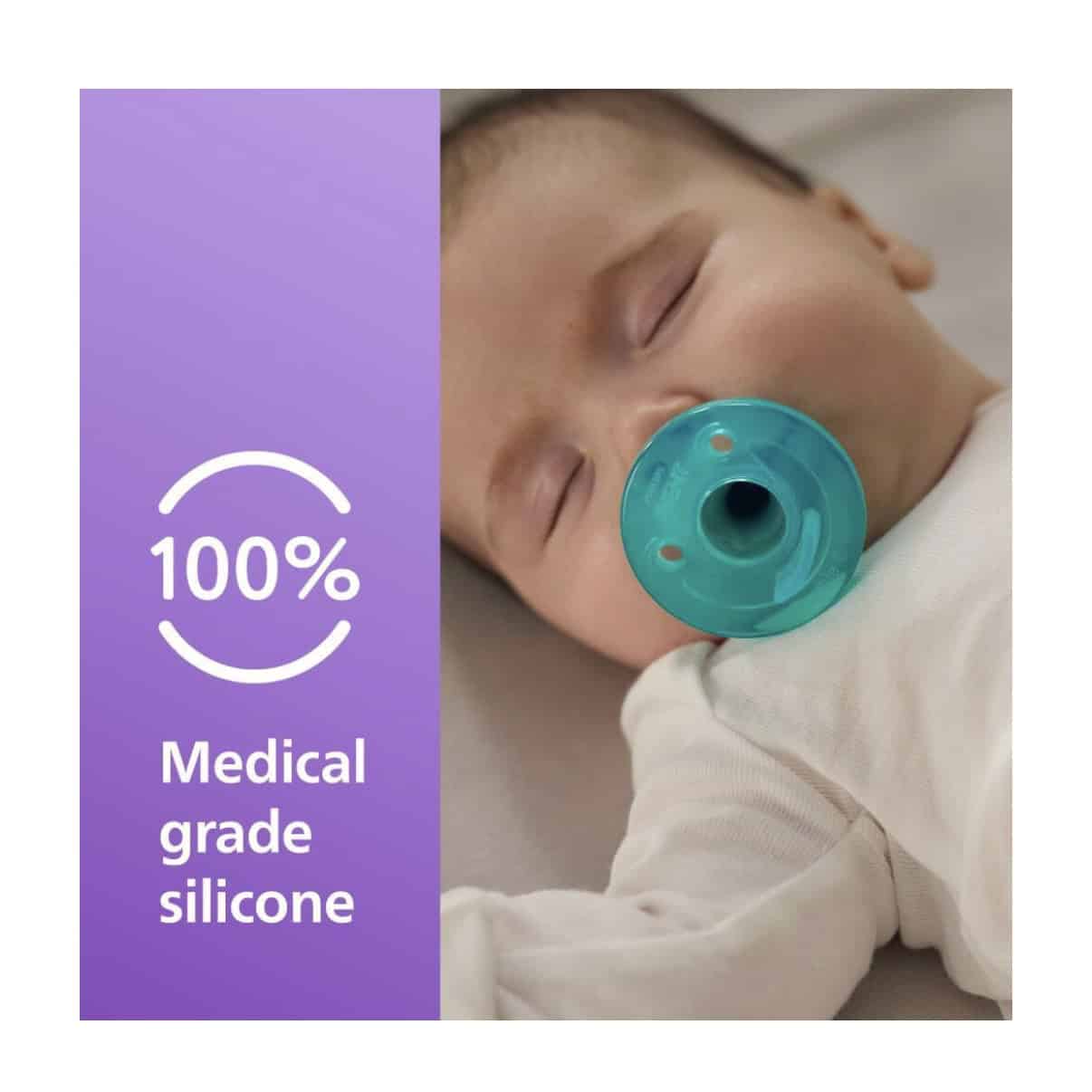 Silicone baby pacifier with a 100% medical grade silicone label for safe, gentle comfort for infants.