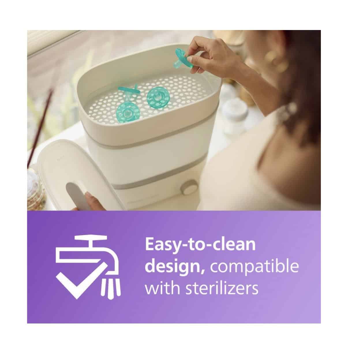 Sterilizer with baby pacifiers being cleaned, highlighting the product's easy-to-clean design and compatibility with sterilizers for efficient baby care.
