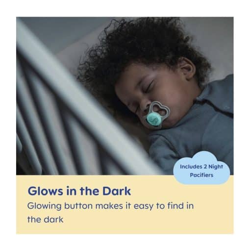 Baby sleeping with pacifier, glowing night pacifiers for babies, night time comfort, soft and safe sleep aid, ideal for infants.