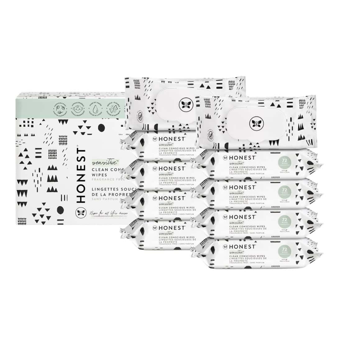Gentle Honest clean conscious wipes in stylish black-and-white geometric packaging, perfect for eco-friendly baby care and on-the-go freshness.