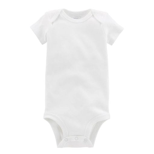 Soft white baby onesie, ideal for newborns, made of comfortable cotton fabric with snap closures for easy dressing. Perfect for everyday wear or special occasions.