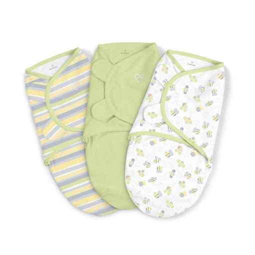 Soft baby swaddle blankets with colorful bee and stripe patterns, made from gentle, breathable fabric for newborn comfort, available for fast essentials delivery in Stamford.