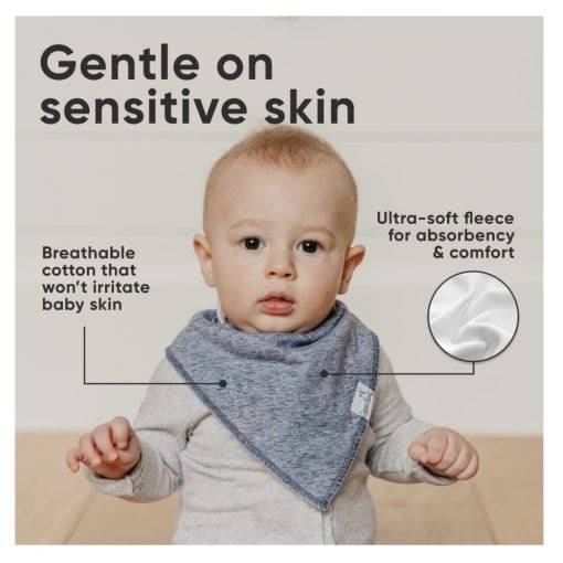 Breathable cotton baby bib and ultra-soft fleece material for sensitive skin, providing comfort and irritation-free wear for infants.