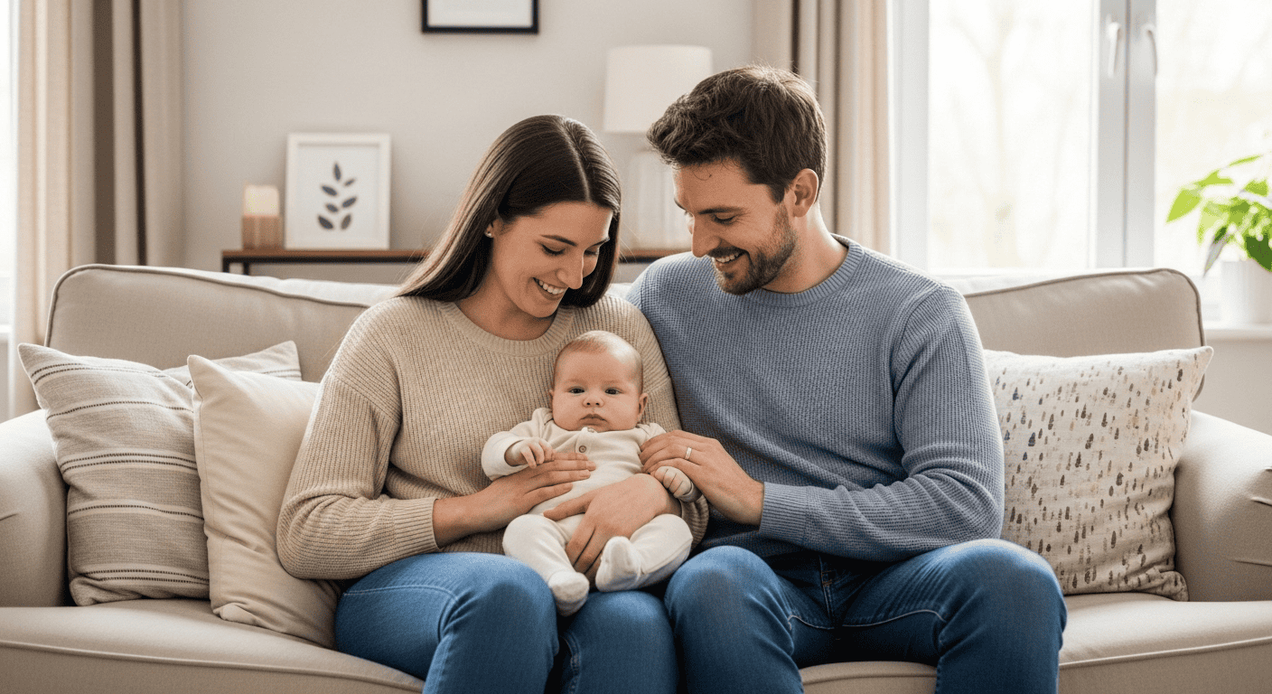 Baby with parents sitting on sofa, smiling, holding their infant child together in a cozy, well-lit living room.