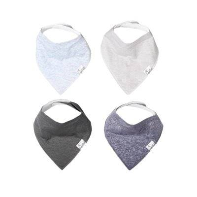 Soft baby bibs in light gray, white, dark gray, and heather purple, designed for babies and toddlers, featuring comfortable neck straps and stylish, functional patterns. Perfect for stylish feeding time.