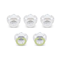 Pacifiers for babies, 5-pack, with colorful designs and silicone nipples, perfect for infant soothing and comfort.