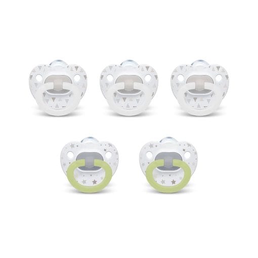 Pacifiers for babies, 5-pack, with colorful designs and silicone nipples, perfect for infant soothing and comfort.
