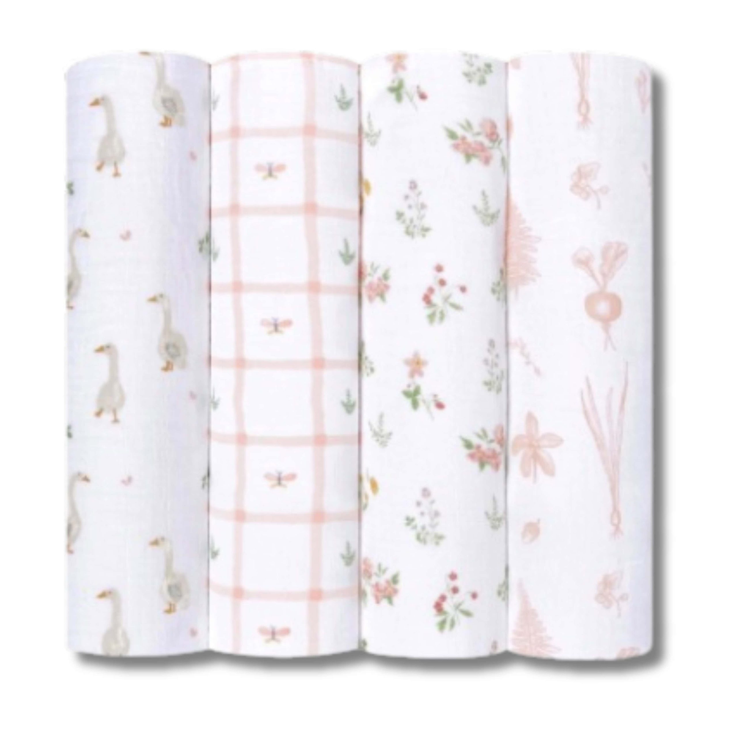 Floral and animal print baby burp cloths with soft pastel colors for newborns and infants.