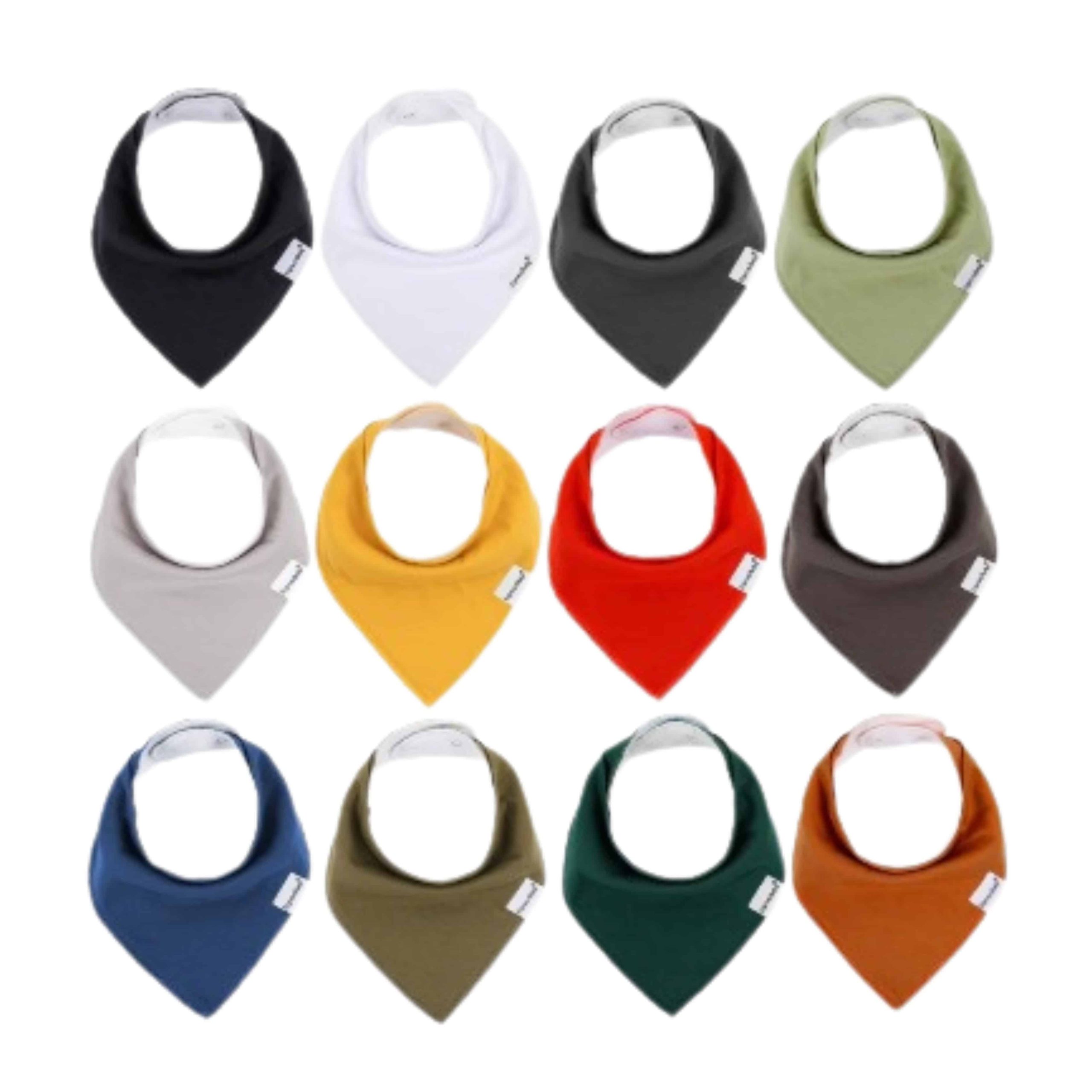 Soft pastel bibs in various colors including black, white, gray, green, yellow, red, blue, and orange, designed for babies' comfort and style. Perfect for daily essentials delivery in Stamford.