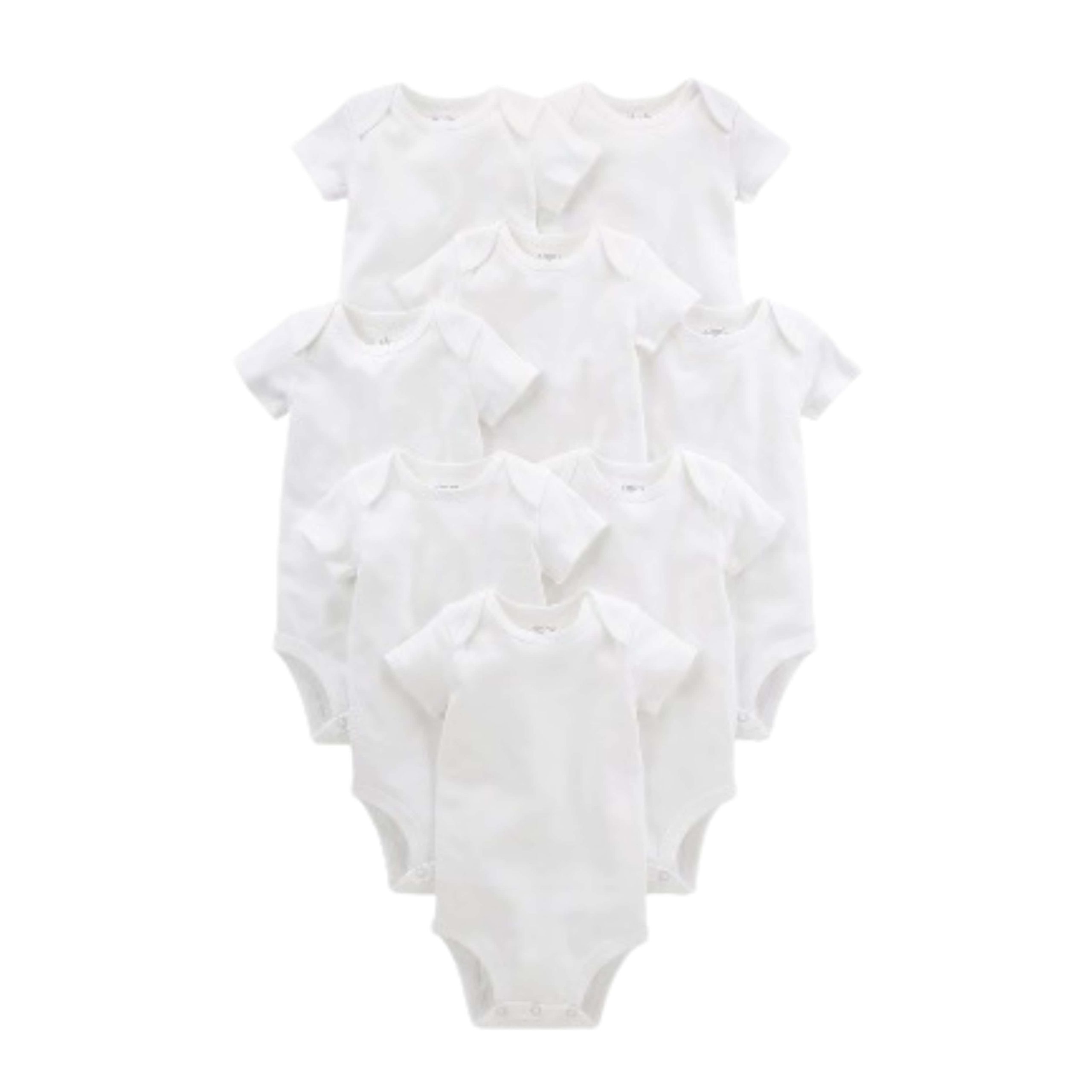 Plain white baby bodysuits, arranged in a group, ideal for newborn essentials and everyday wear, available for fast delivery in Stamford through BabyDashNow™.
