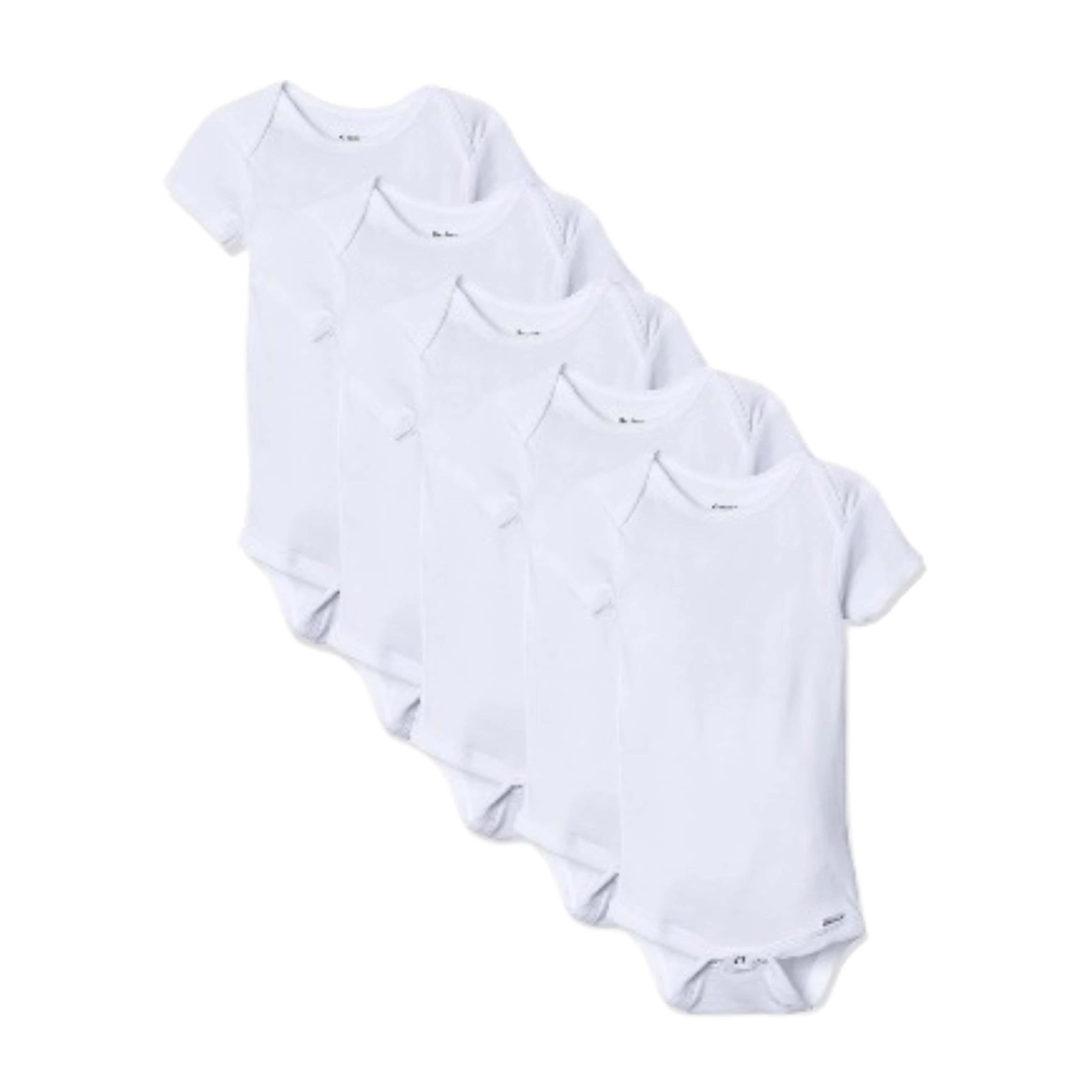 Soft white baby onesies, perfect for newborns, stacked together showcasing comfort and quality. Ideal for parents seeking convenient essentials delivery in Stamford.