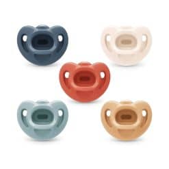 Silicone baby pacifiers in navy blue, white, red, mint green, and beige colors, designed for comfortable soothing and teething relief. Perfect for newborns and infants.