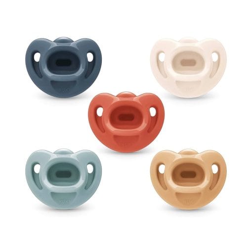 Silicone baby pacifiers in navy blue, white, red, mint green, and beige colors, designed for comfortable soothing and teething relief. Perfect for newborns and infants.