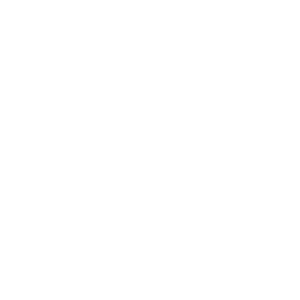 High-quality image of a white SOS phone icon on a transparent background, symbolizing urgency and emergency support for BabyDashNow™ delivery services in Stamford.