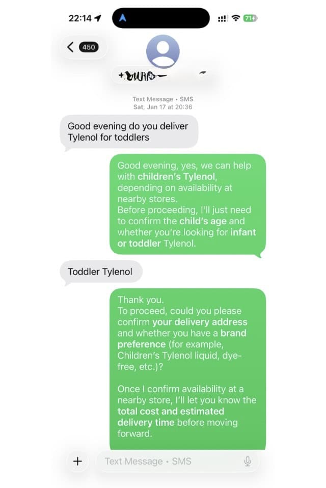 SMS conversation — parent asking about children's Tylenol delivery