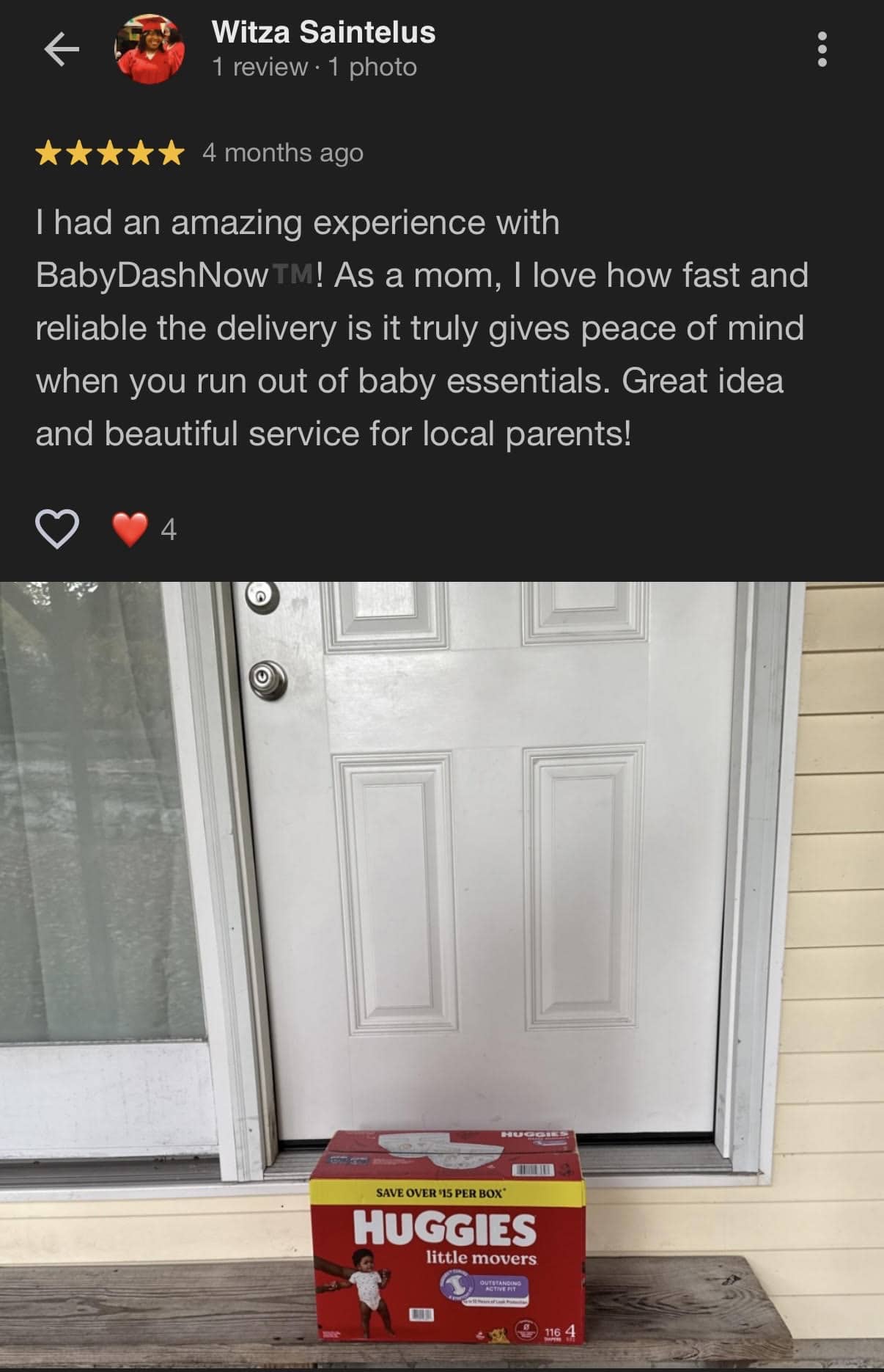 Huggies Little Movers delivered to a Stamford front door — real BabyDashNow delivery