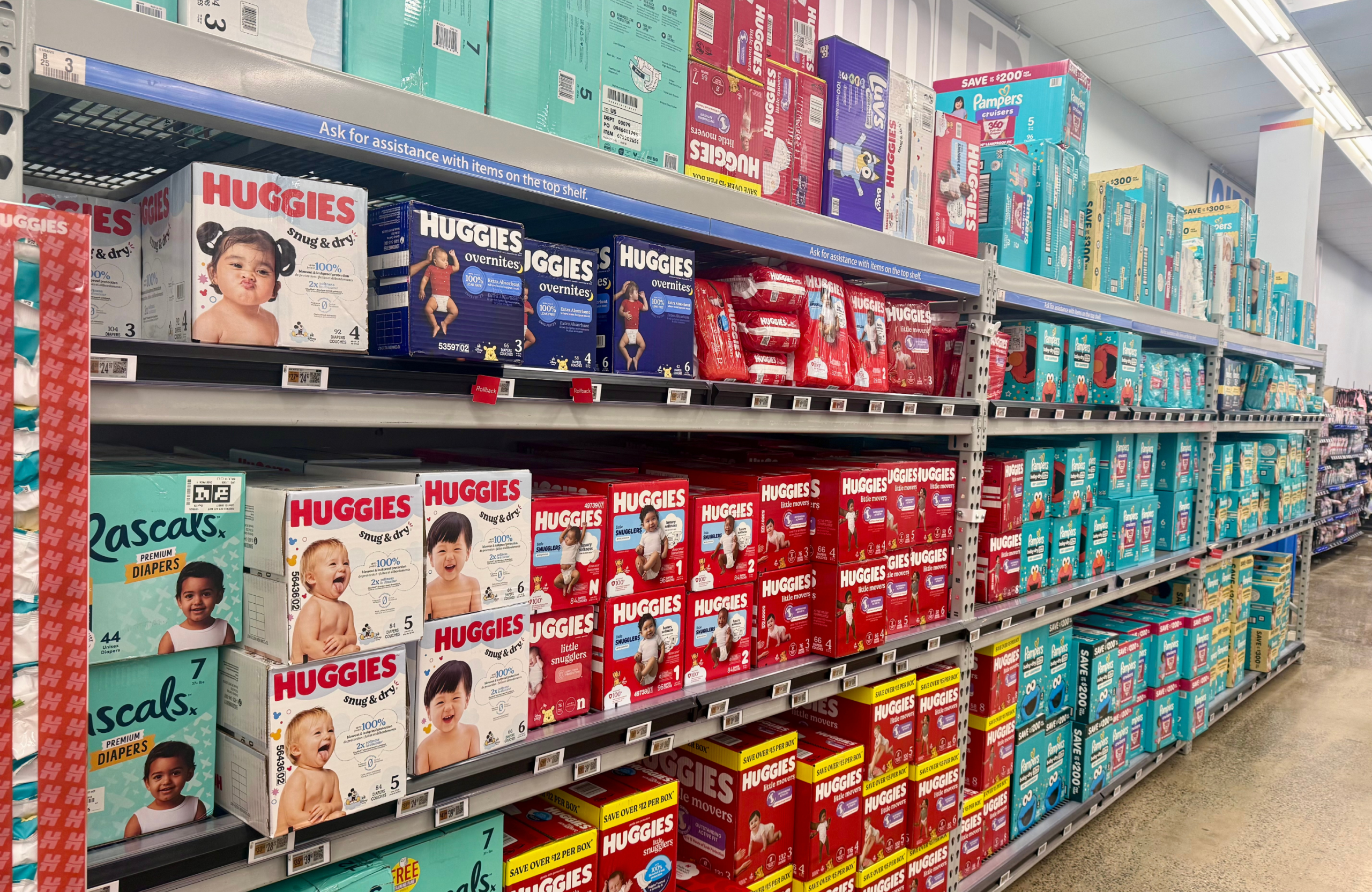 Real store diaper aisle — Huggies, Pampers, Rascals — where BabyDashNow picks your essentials in Stamford CT