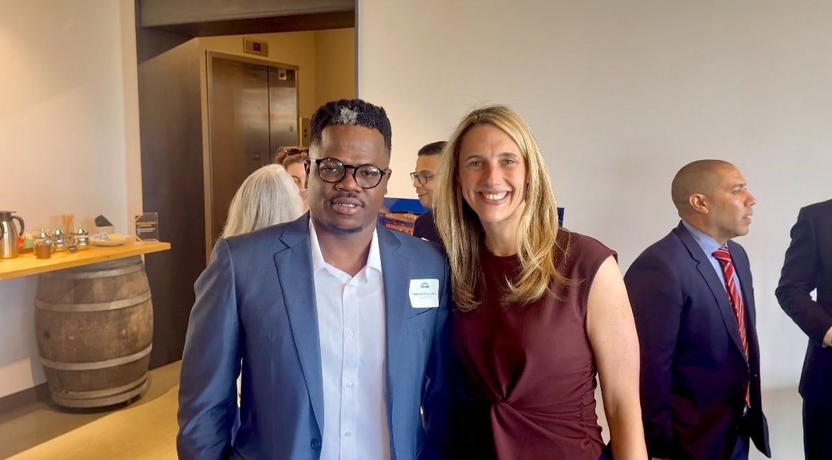 Mackadeley Louis, founder of BabyDashNow, with Mayor Caroline Simmons of Stamford at the 2026 State of the City Address