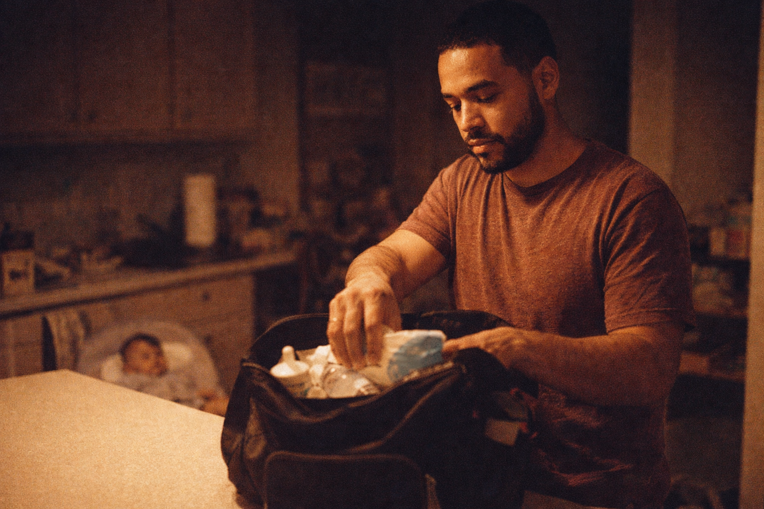 Parent at home at night, calmly preparing baby essentials in a warm kitchen
