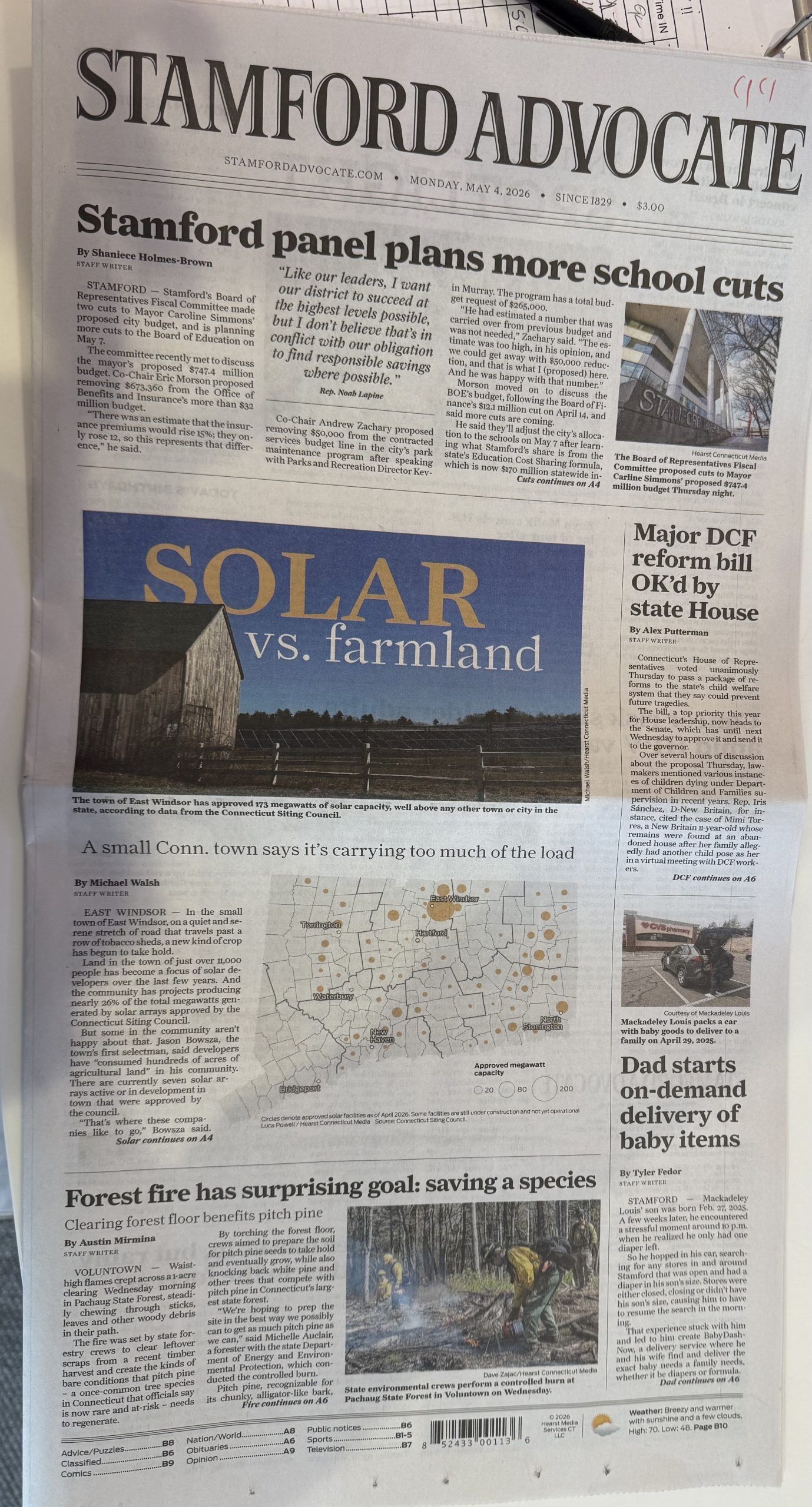 The Stamford Advocate front page, May 4 2026, featuring Mackadeley Louis and BabyDashNow