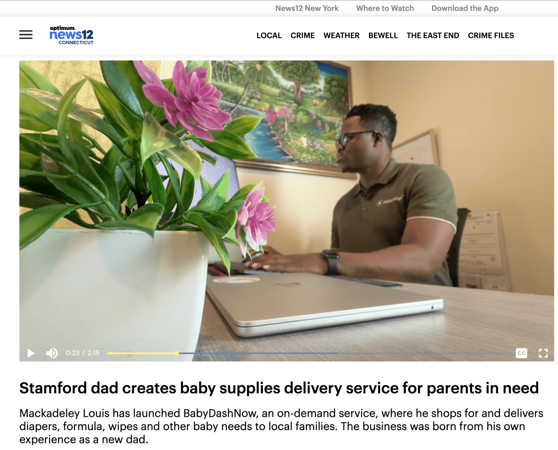 Mackadeley Louis, founder of BabyDashNow, interviewed on News 12 Connecticut, May 12 2026